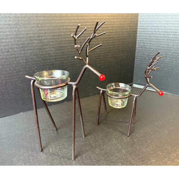 Christmas Set Of Two Iron Reindeer Tea Light Candle Holders - Picture 1 of 9